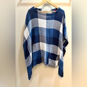 IC Connie K Collection Women's Oversize Poncho Navy Plaid Tunic Linen Top